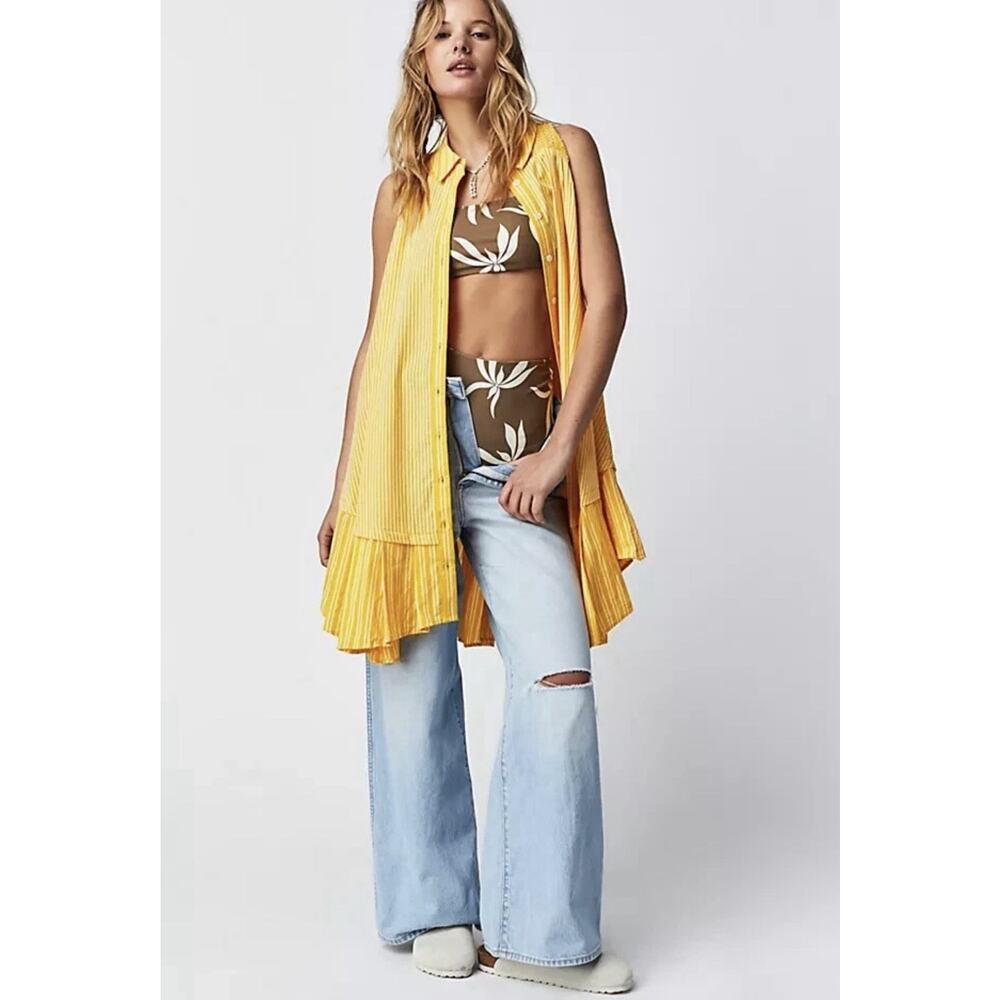 Free People Yellow Pleated Sleeveless Tunic